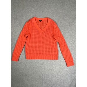 Talbots M Orange V Neck Mesh Open Knit Sweater Top 100% Cotton Vacation Layer